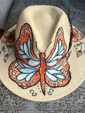 Hand-Painted Butterfly Straw Fedora - Orange & Light Blue
